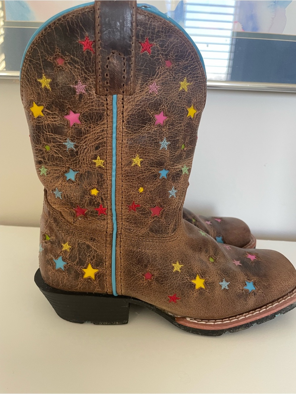 Dan Post Girls Brown Cowboy Boots with Turquoise Trim and Multicolor Stars